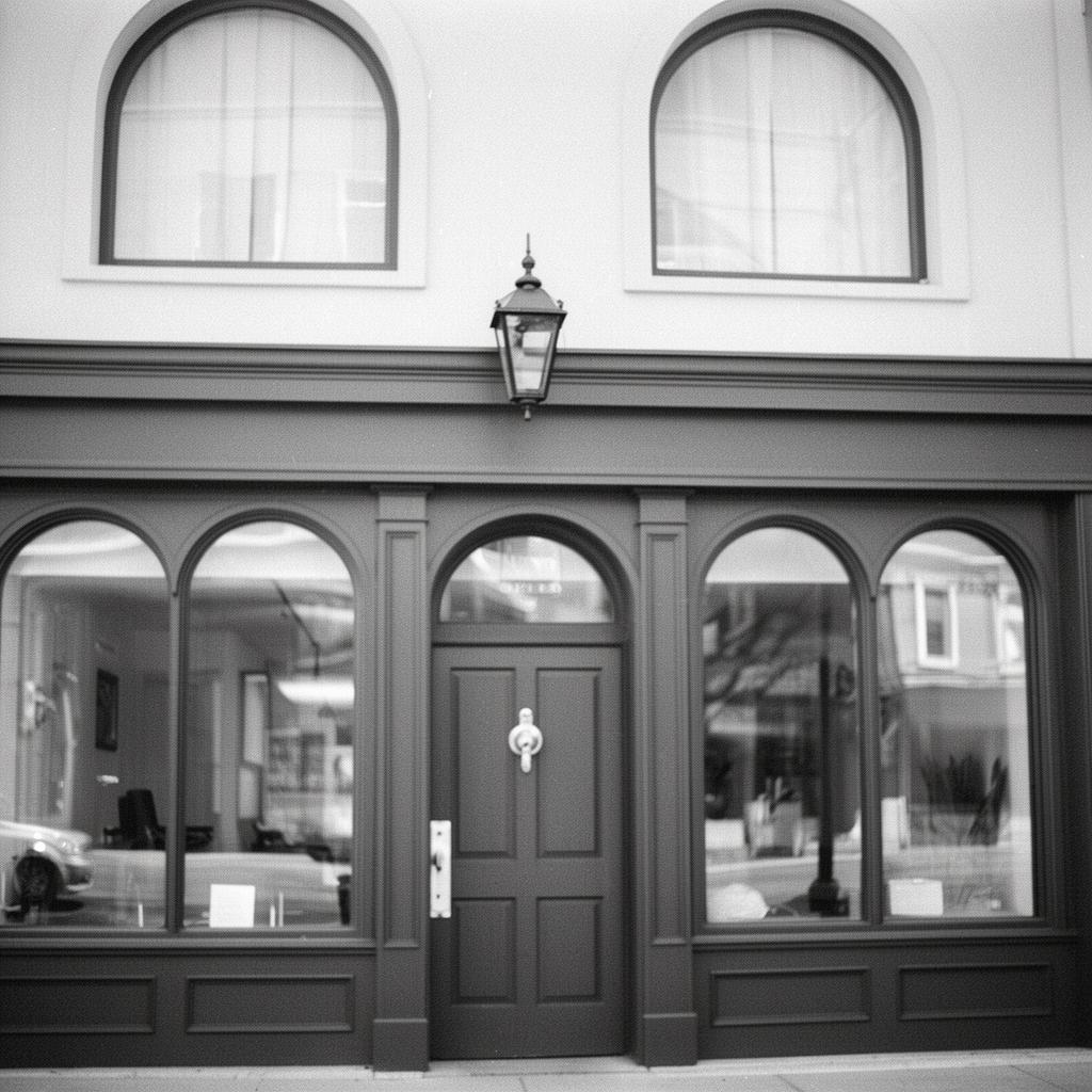 Bootstrapper Capital — B2B services and SaaS portfolio by Simple Holdings Bootstrapper Capital — documentary photograph of a two-story Main Street storefront with arched windows, brass door handle, and gas lamp.