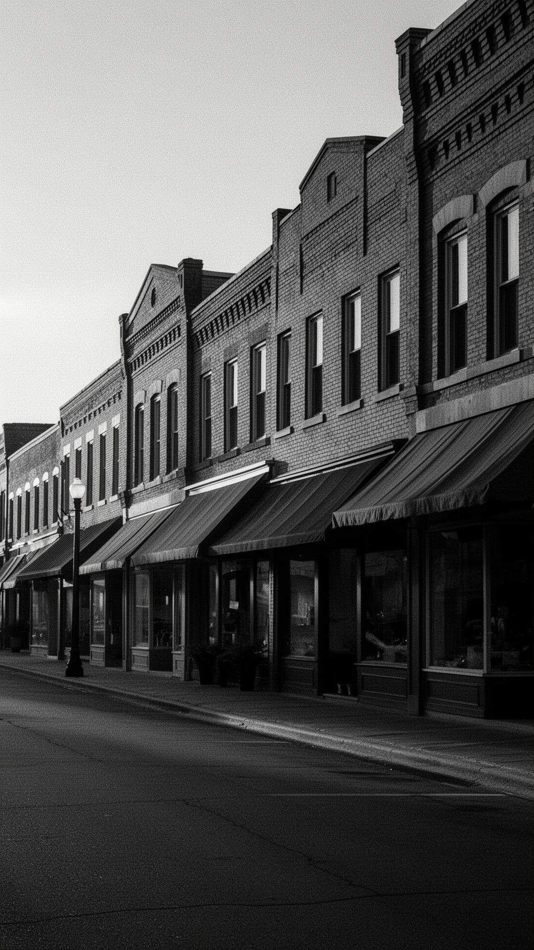 Documentary photograph of an American Main Street block at golden hour.