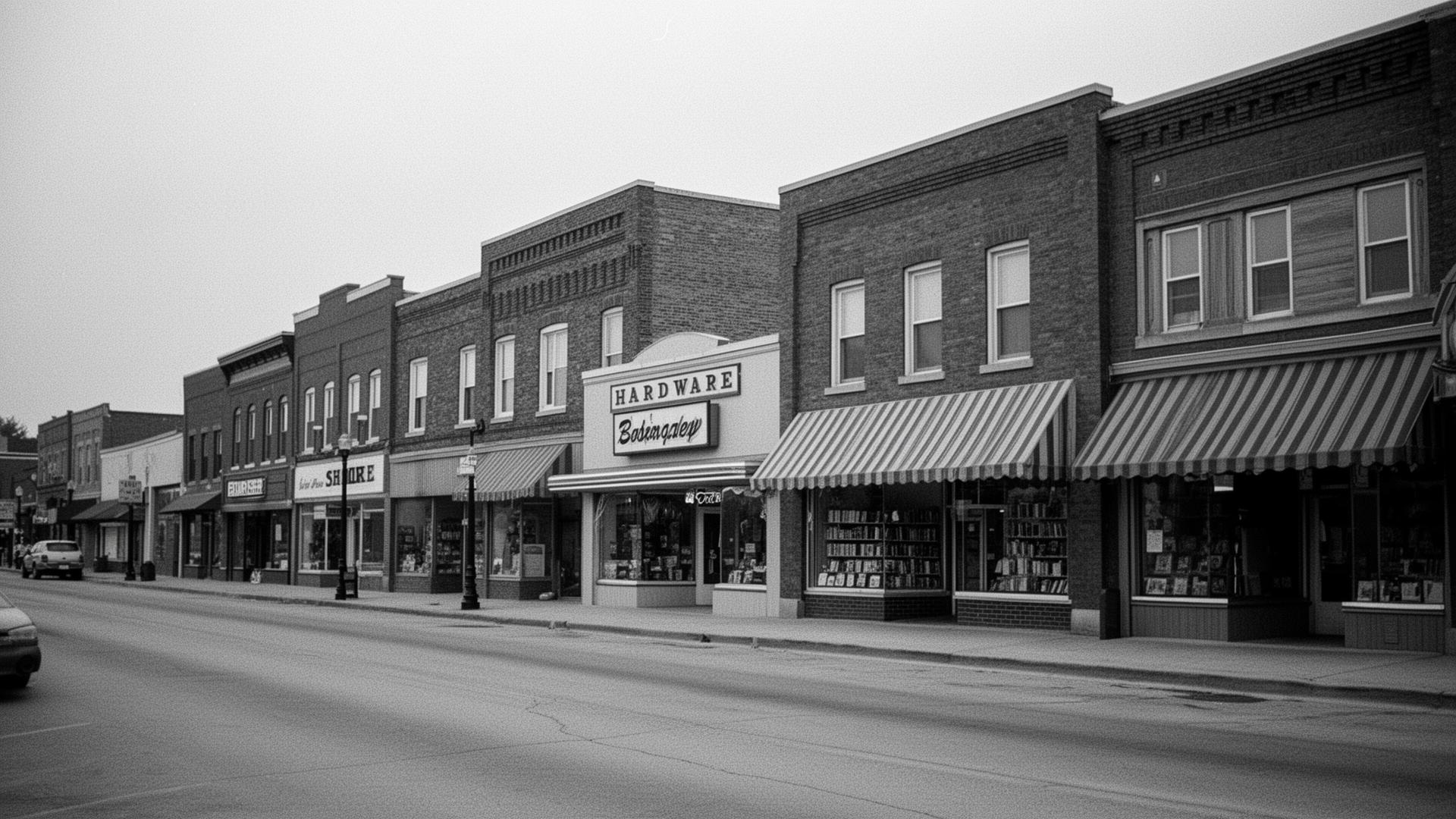 Documentary photograph of an American small-town Main Street block — brick storefronts, hardware store, diner, bookshop.