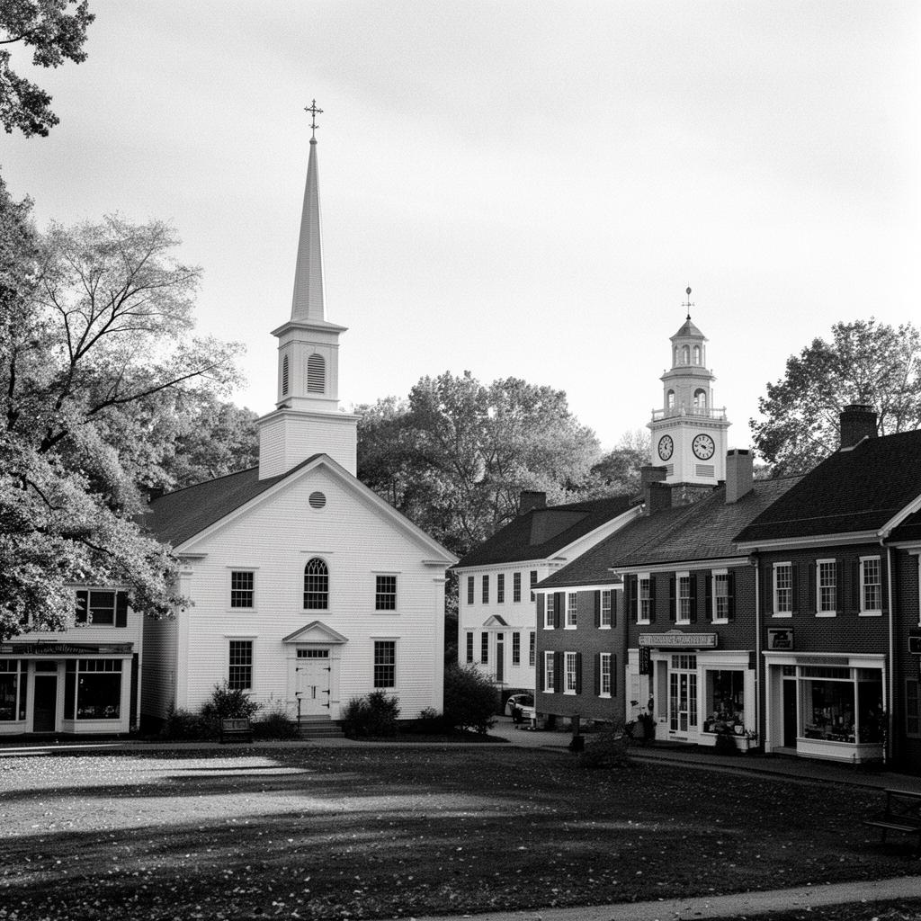 Documentary photograph of a New England town center — white church with steeple, brick storefronts, town green and clock tower.