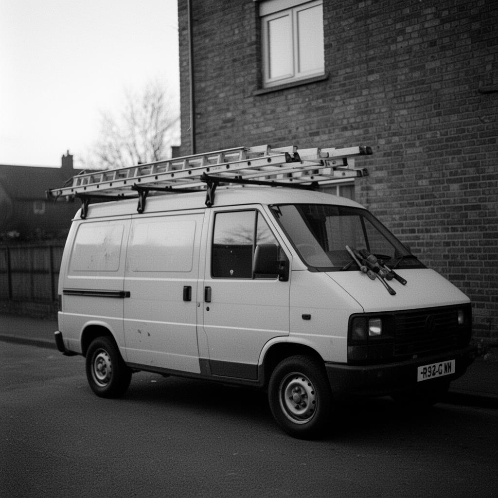 Documentary photograph of a tradesman's service van parked outside a brick building.